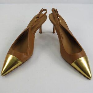 Tory Burch Leather Heels | Women’s 7M Tan Pumps with Gold Cap Toe